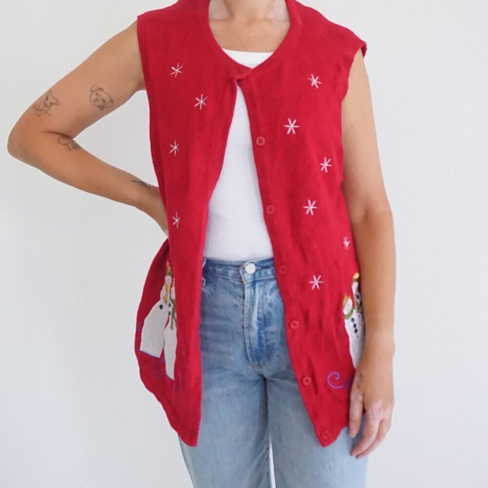 Vintage Breckenridge Red Snowflake Snowman Embroidered Holiday Vest Christmas L